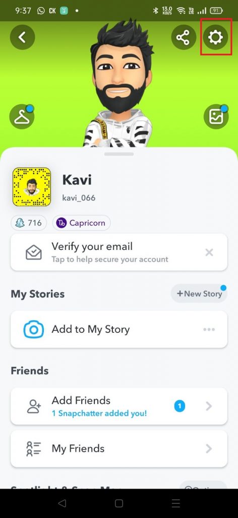 Tap on settings to change your username on Snapchat