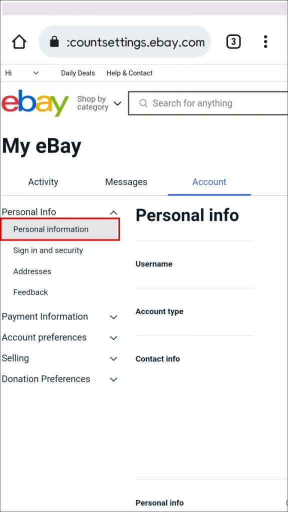 Tap on Personal information to change the username on eBay