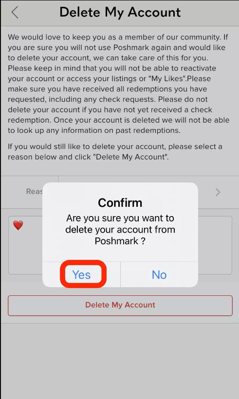 Tap on Yes to delete your Poshmark account