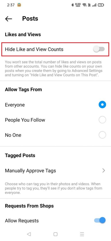 Toggle the button to hide Instagram likes