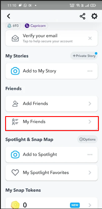 Click on My friends to Hide Snapchat Score