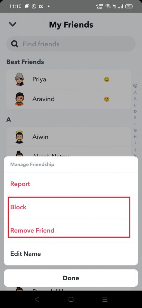 Click on block or remove friend 