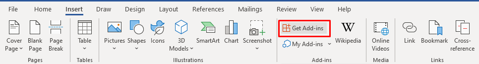 Select Get Add-ins to insert emoji in Word document 