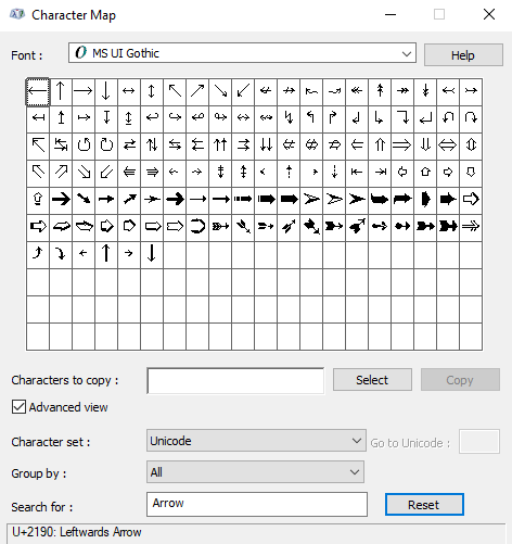 Use Character Map to type Arrow symbol