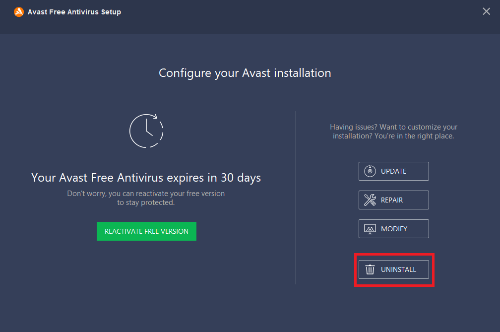 Tap Uninstall to delete the Avast Antivirus