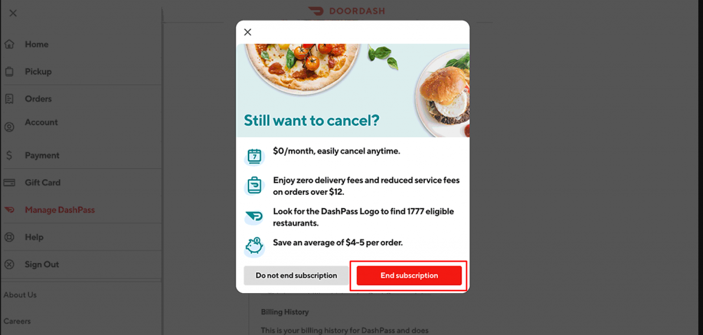 Click on End Subscription to cancel your DoorDash subscription 