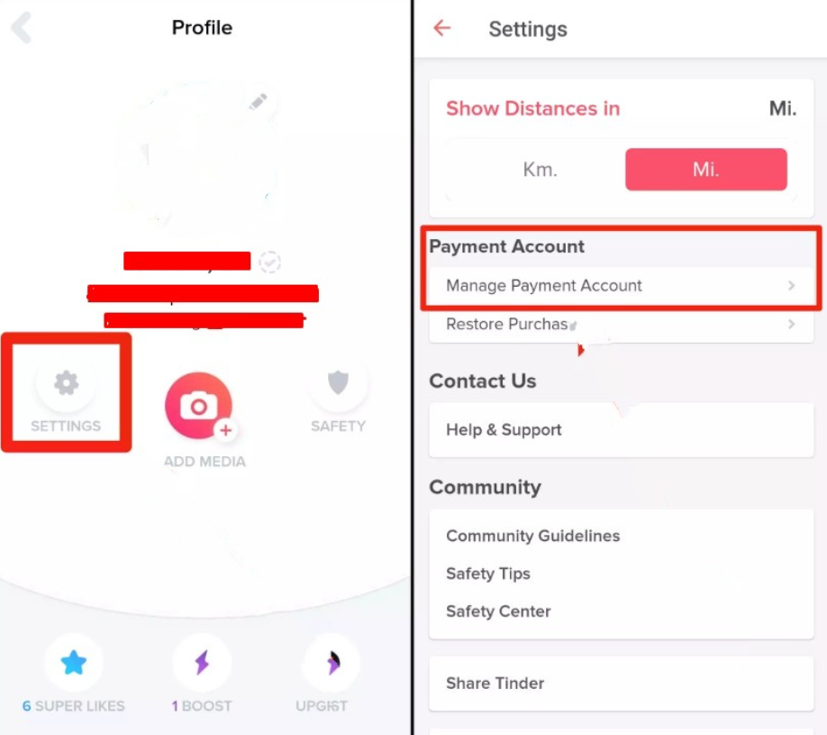 Tap Manage Payment Account to cancel Tinder subscription 