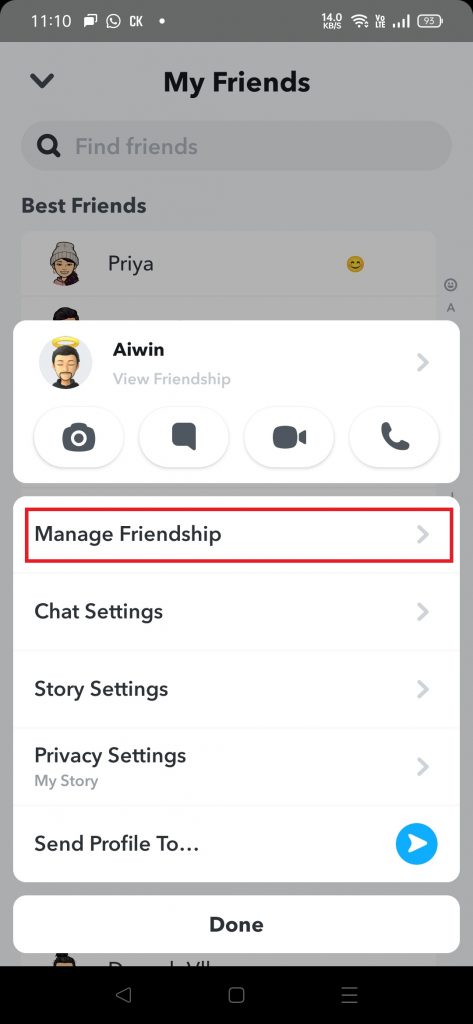 Tap on Manage friendship to hide snapchat score