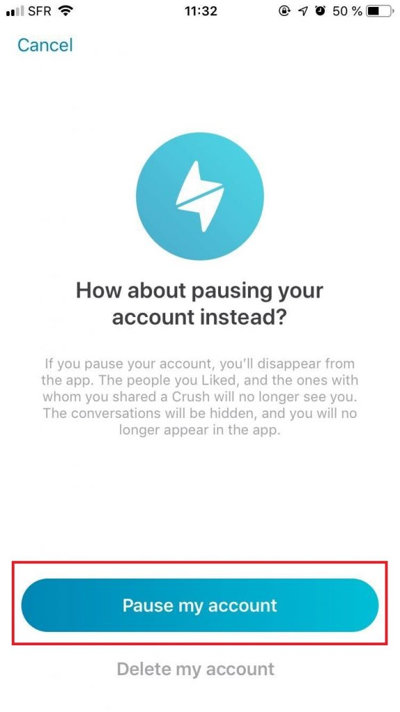 Click on pause my account to disable your Happn account