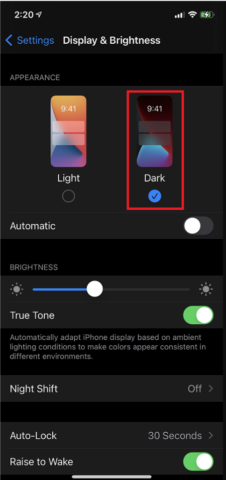 Tap on dark to enable dark mode in Apple Music