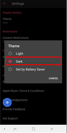 Click on Dark to enable dark mode in Apple Music