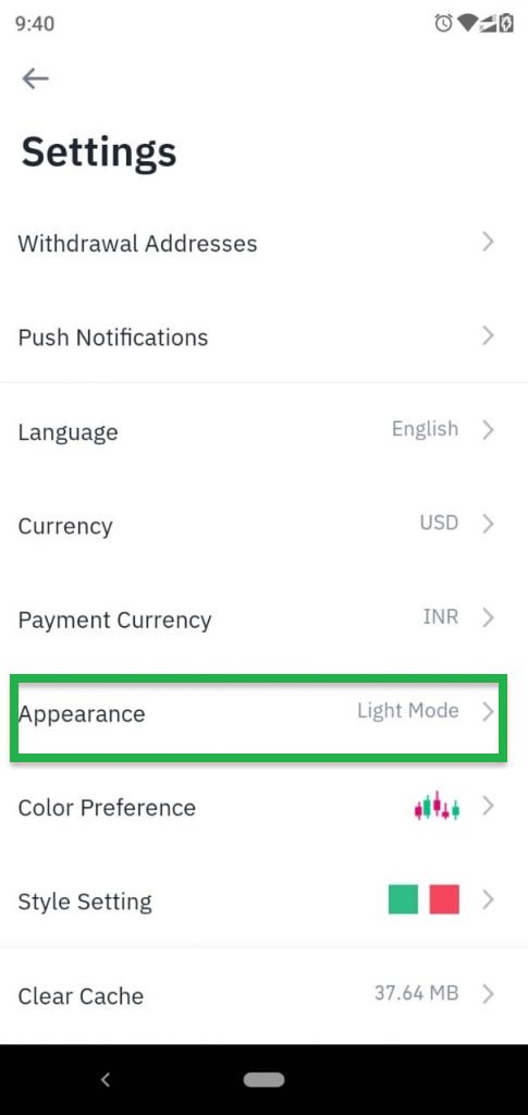 Tap on Appearance to enable dark mode on Binance