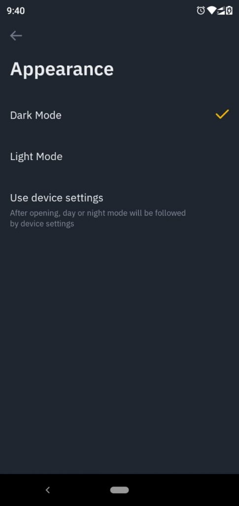Dark mode enabled on Binance app
