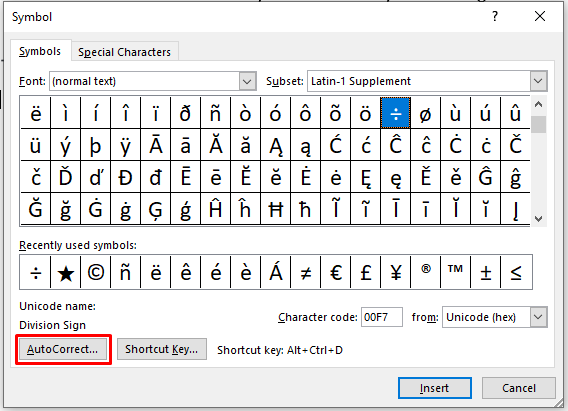 Select the AutoCorrect option  to enter the division symbol