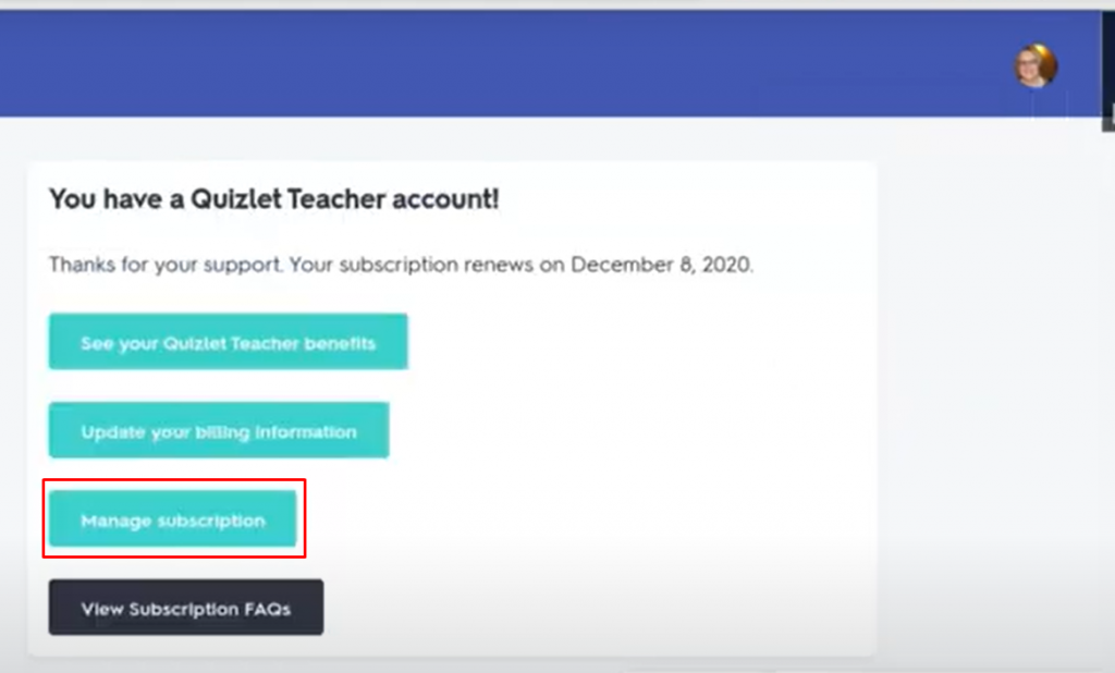 Click on Manage Account to cancel your Quizlet subscription