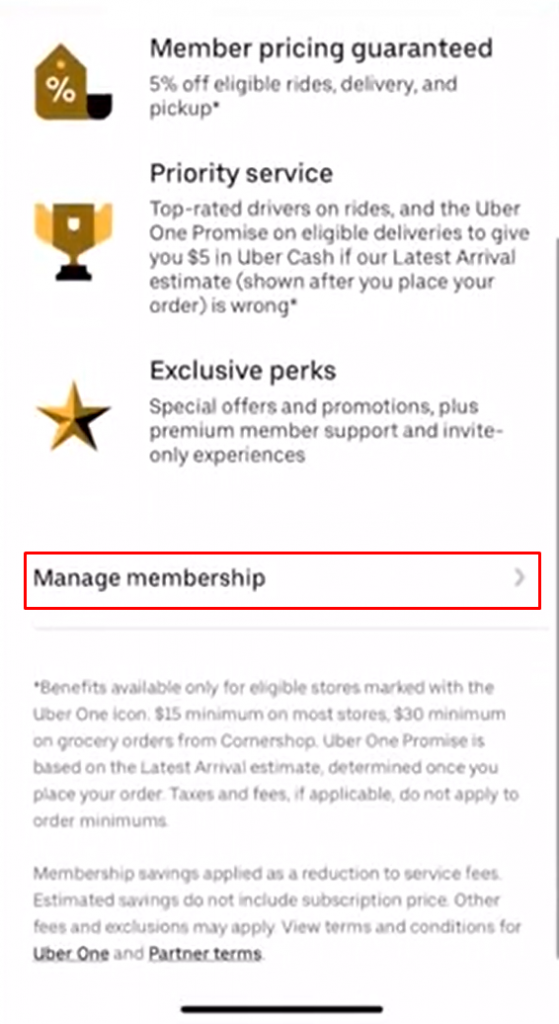 Select Manage Membership to cancel Uber one