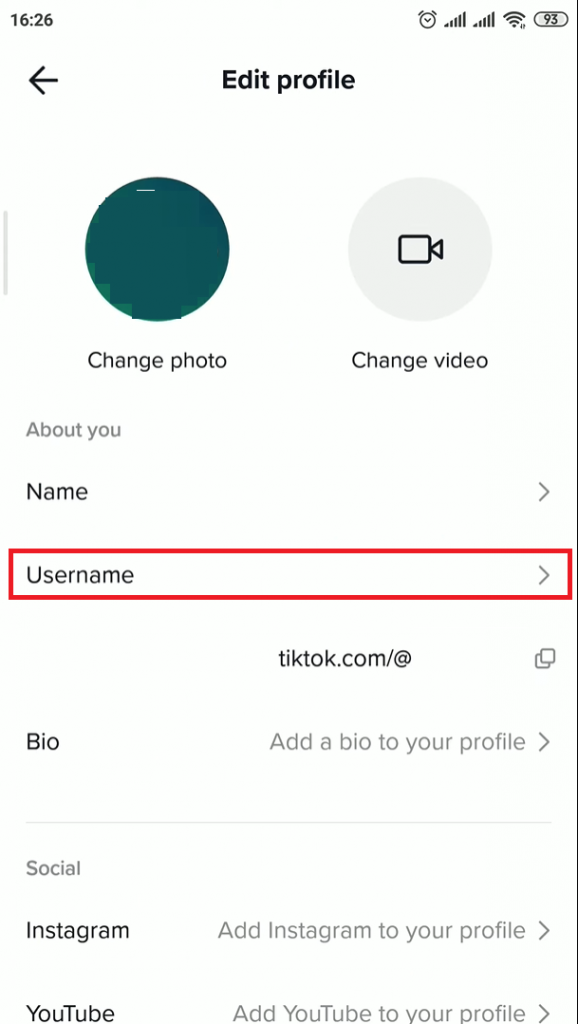 Select Username to change the TikTok username