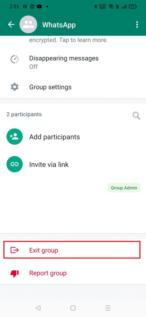 Select the option Exit group leave WhatsApp group without notification