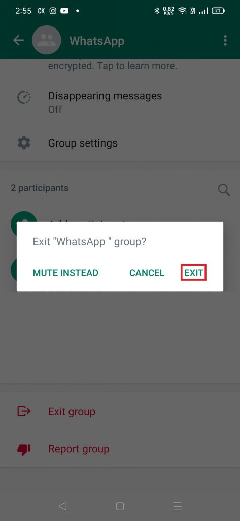 Click on Exit to leave WhatsApp group without notification