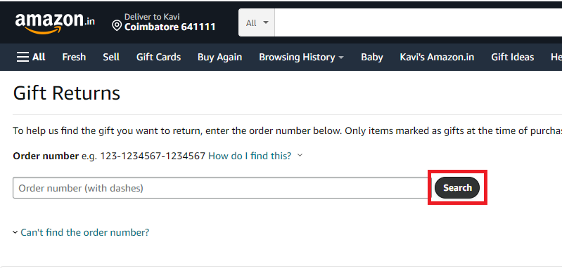 Select Search to return an Amazon gift