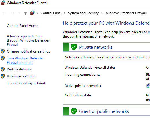 Tap Turn Windows Defender Firewall on or off