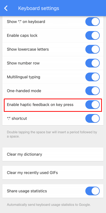 Toggle the button to enable haptic feedback on iPhone keyboard 